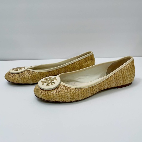 Tory Burch Reva Raffia Ballet Flats 10 Straw Cream Leather - Picture 1 of 10
